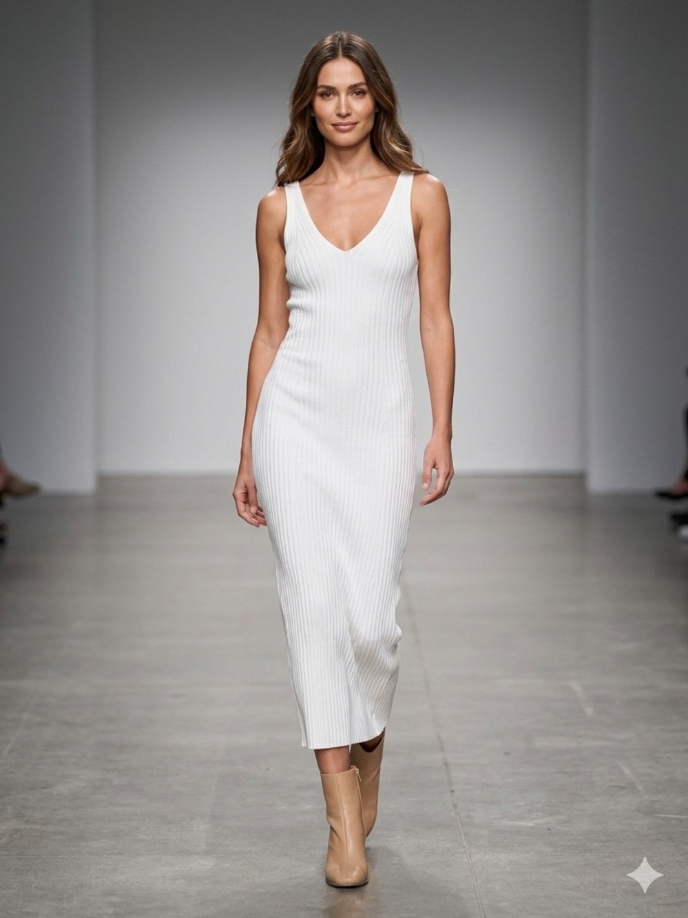 Sleeveless V-Neck Ribbed Midi Dress in White